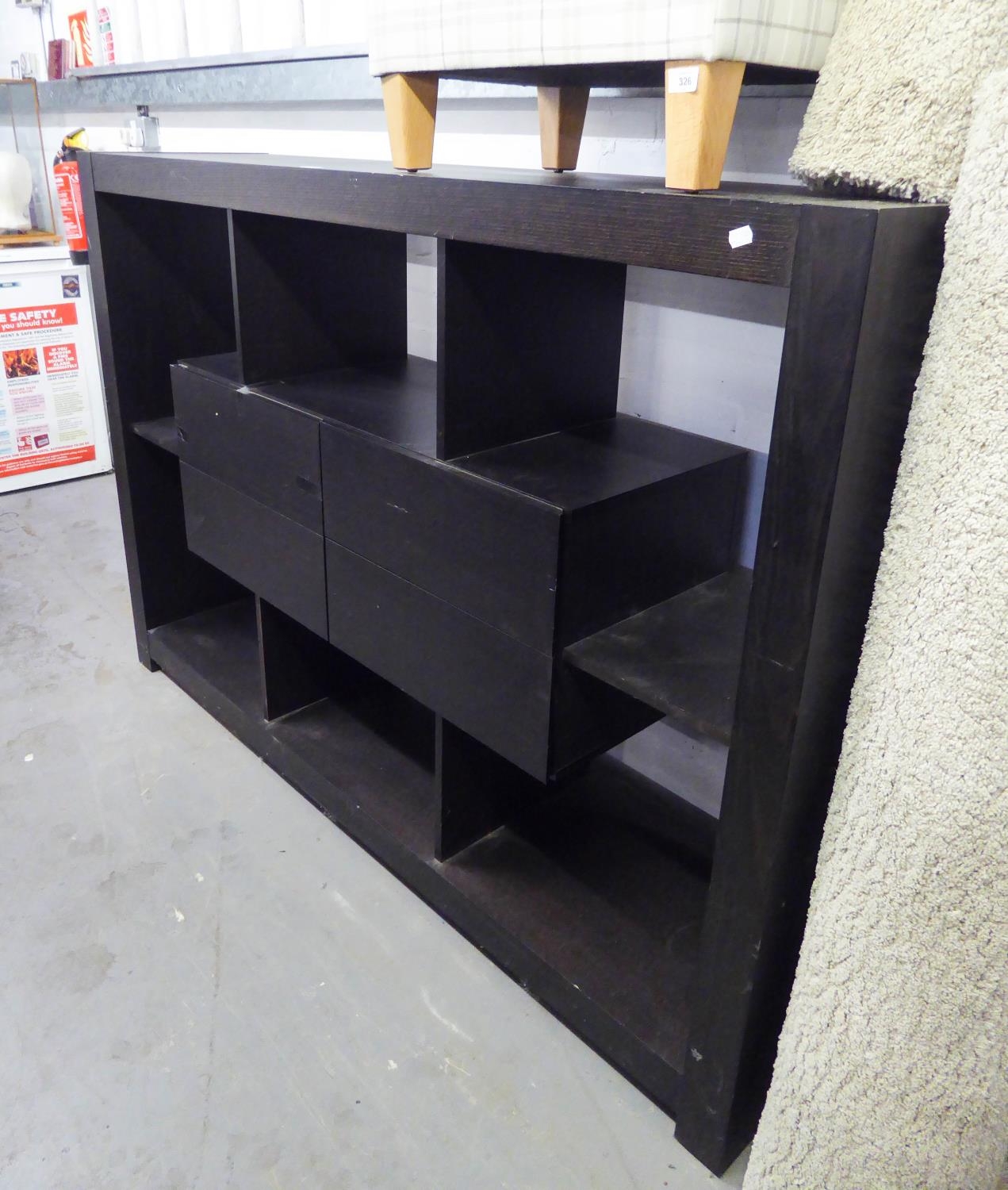 WEGNER STYLE BLACK LACQUERED SIDE UNIT WITH OPEN COMPARTMENT, ROUND A NEST OF FOUR SHORT DRAWERS,