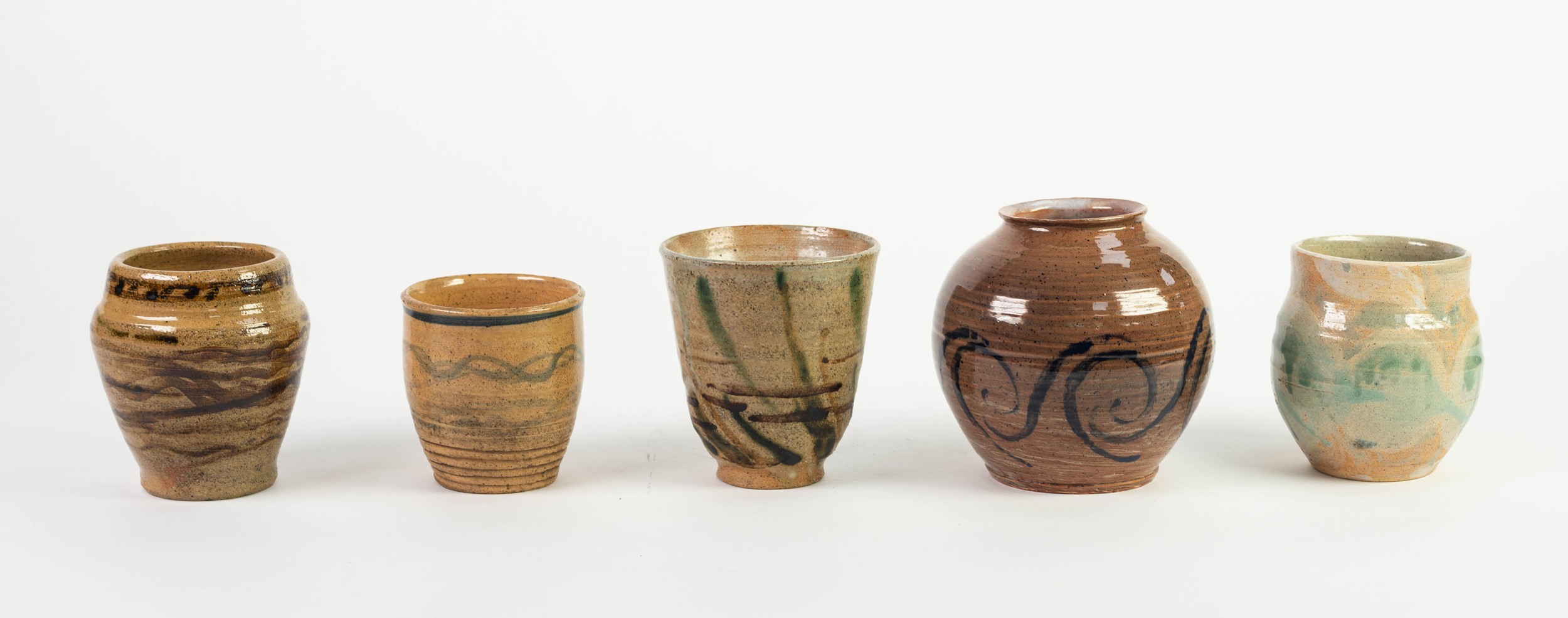 INTERESTING COLLECTION OF FIVE STUDIO POTTERY VASES FROM LANCASTER, DATING FROM THE LATE 1940?S-