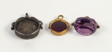 ROLLED GOLD WIRE PATTERN FOB with three-sided and faceted revolving amethyst; VICTORIAN SILVER