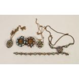 TWO ITALIAN VINTAGE MICRO MOSAIC PENDANTS, floral pattern oval and pentagon shaped with gilt chain