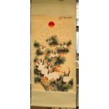 20th CENTURY CHINESE GOUACHE ON PAPER SCROLL PAINTING OF RED-CRESTED CRANES, in flight and perched
