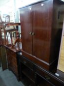 A MAHOGANY AND LINE INLAID  SMALL BOOKCASE, WITH THREE FRIEZE DRAWERS OVER OPEN SHELVES, A