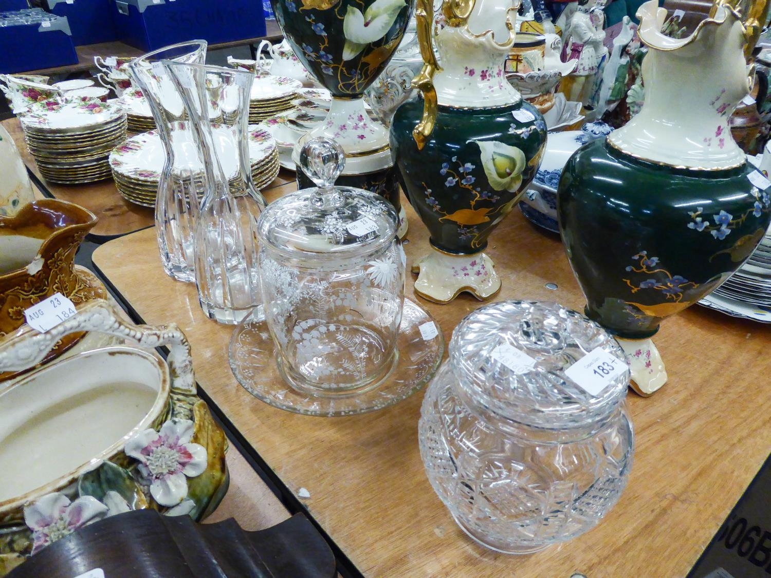 A VICTORIAN GLASS BARREL SHAPED BISCUIT BARREL AND DOMED COVER, WITH FINIAL WITH DELICATE WHITE