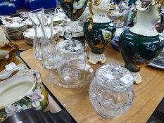 A VICTORIAN GLASS BARREL SHAPED BISCUIT BARREL AND DOMED COVER, WITH FINIAL WITH DELICATE WHITE