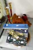 MIXED LOT, COMPRISING BOXED OR CASED DRAWING INSTRUMENTS, PAIR OF RED AND BRASS CANDLESTICKS WITH