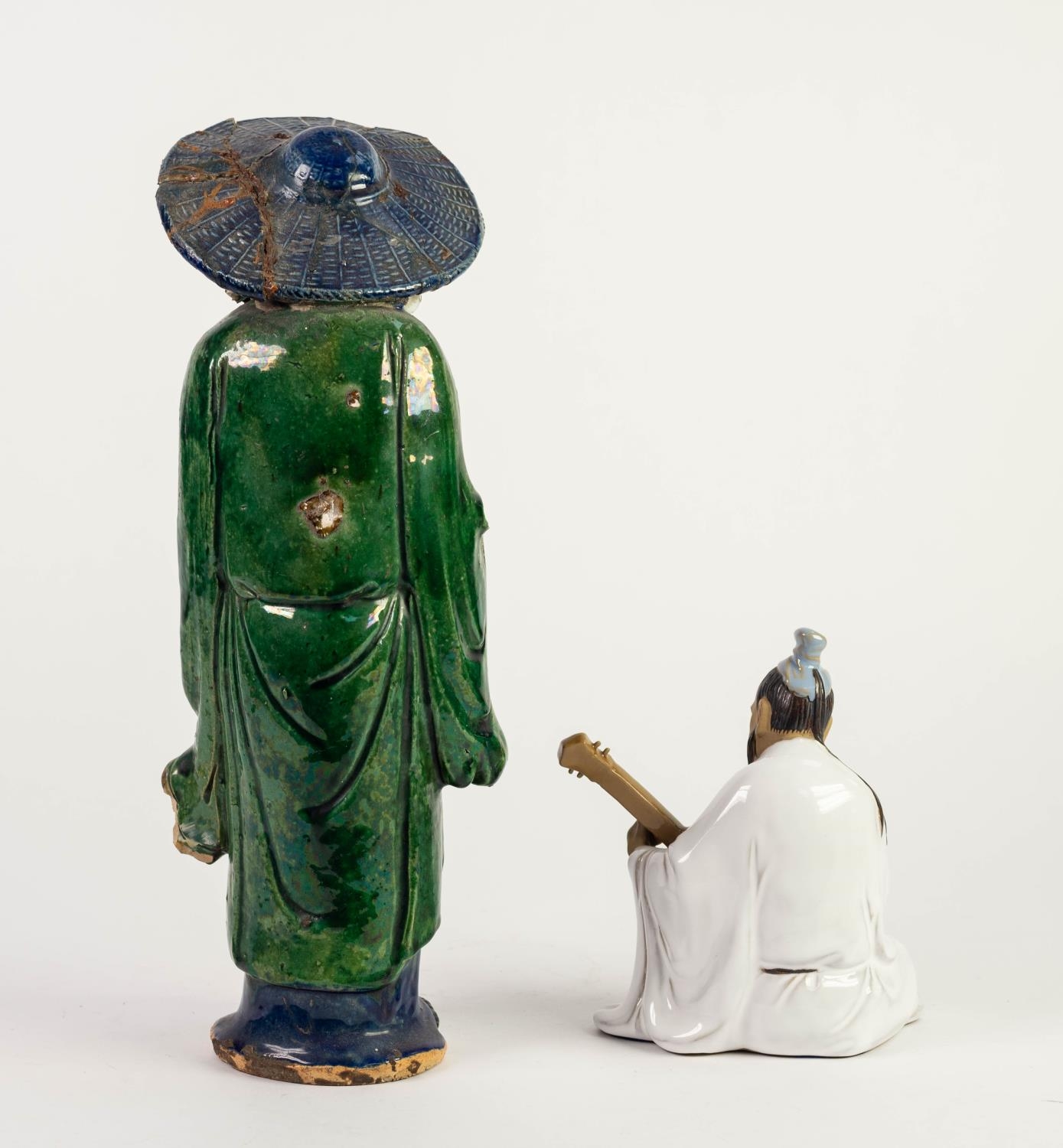 TWO ORIENTAL PART GLAZED PORCELAIN FIGURES, one modelled as an elderly man with brimmed hat, - Image 2 of 2