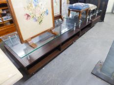 WEGNER STYLE BLACK LACQUERED COFFEE TABLE AND PAIR OF LAMP TABLES, EACH WITH A GLASS TOP, ON METAL