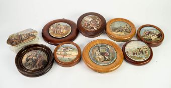 COLLECTION OF EIGHT NINETEENTH CENTURY CIRCULAR POMADE PRINTED POTTERY LIDS IN WOODEN FRAMES,