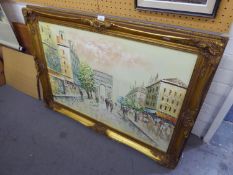 T. CANET  LARGE OIL PAINTING ON CANVAS  PARIS STREET SCENE WITH 'ARC DE TRIOMPHE AND FIGURES'