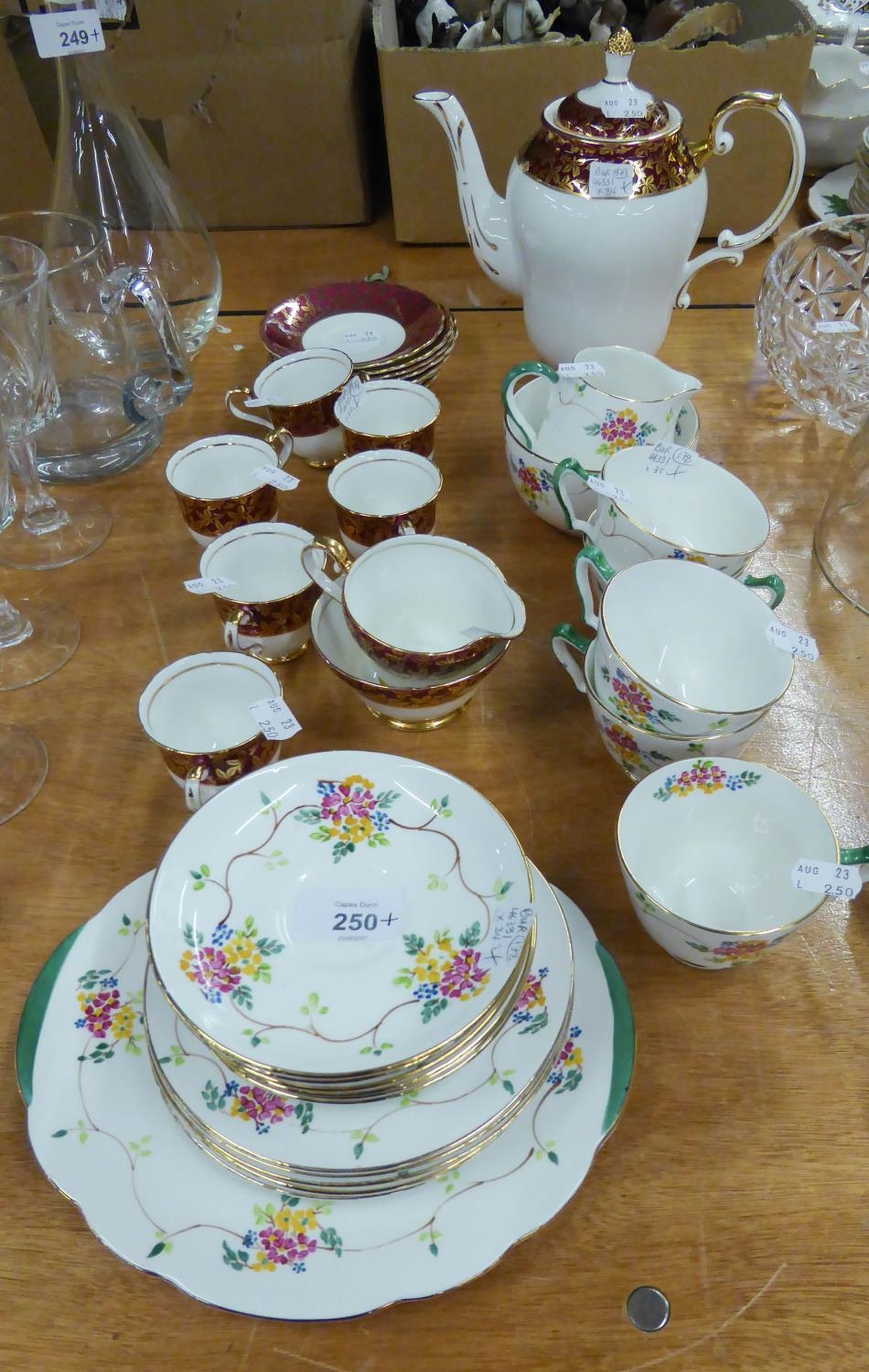 STANLEY BONE CHINA COFFEE SET FOR 6 PERSONS, 15 PIECES WITH MAROON AND GILT FOLIATE BANDS,