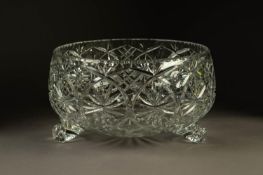 GOOD, MODERN, HEAVY CUT GLASS FRUIT BOWL, of steep sided form with three scroll feet, 6? (15.2cm)