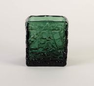 WHITEFRIARS STYLE MOULDED GREEN GLASS VASE, of square from, 5? (12.7cm) high, 4 ¾? (12.1cm) wide,