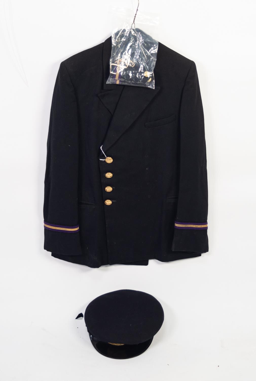 PROBABLY MERCHANT NAVY UNIFORM, the epaulette and arm stripes in purple and gold, viz a cap with