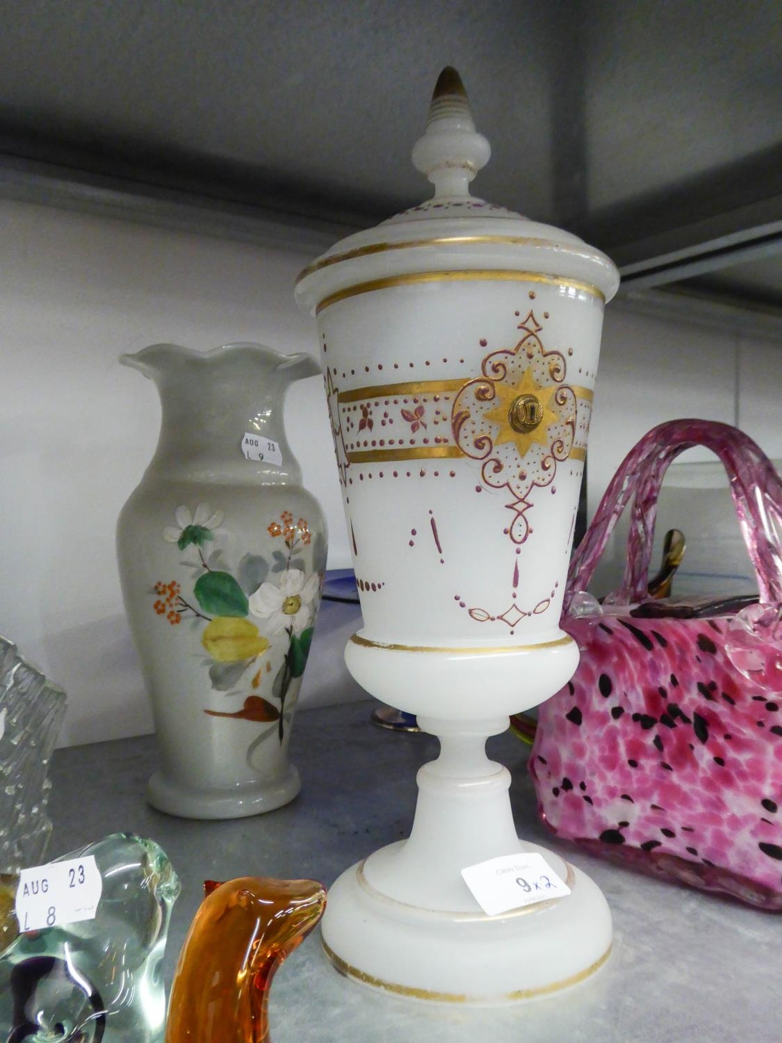 VICTORIAN WHITE FROSTED GLASS PEDESTAL VASE AND COVER, gilt painted with stylised motifs and