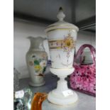 VICTORIAN WHITE FROSTED GLASS PEDESTAL VASE AND COVER, gilt painted with stylised motifs and