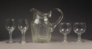 NINETEENTH CENTURY CUT GLASS WATER JUG, 8 ¾? (22.2cm) high, together with TWO PAIRS OF DRINKING