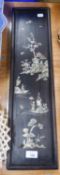 ORIENTAL MOTHER OF PEARL INLAID DARK HARDWOOD OBLONG PANEL, decorated with figures in boats and