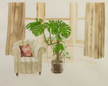 LLANA RICHARDSON (b.1945) WATERCOLOUR Easy chair and cheese plant beside a window Signed and