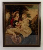 RARE MID-VICTORIAN 'CROSSLEY MOSAIC' TAPESTRY picture of a family with an infant, produced in