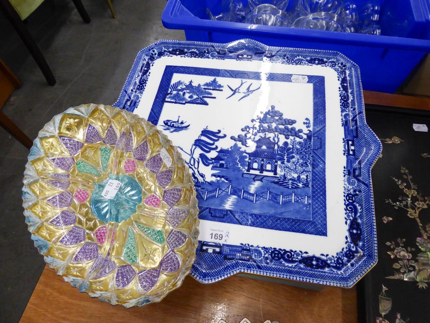 NINETEENTH CENTURY MINTONS BLUE AND WHITE WILLOW PATTERN POTTERY SQUARE TRAY OR PLATTER, 14 ½?,