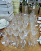 SUNDRY DRINKING GLASSES INCLUDING TWO SET OF SIX STEM WINES, PINT TANKARD ETCHED WITH GOLFING SCENE,