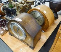 OAK CASED MANTEL CLOCK AND ANOTEHR, IN WALNUT WOOD CASE (2)