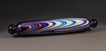 19th CENTURY BLOWN GLASS ROLLING PIN, red white and blue swirl/fabric drapes decoration, orbicular