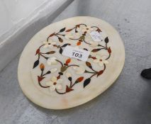 SMALL, OVAL PIETRA DURA INLAID WHITE VEINED MARBLE PANEL, 7 ¼? X 5 ¾?