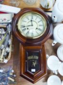 A REPRODUCTION MAHOGANY CASED DROP DIAL WALL CLOCK, WITH 31 DAY MOVEMENT, THE SMALL GLASS DOOR