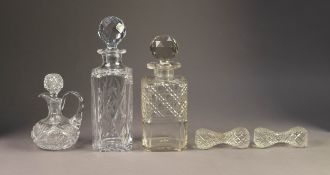 ROYAL DOULTON SQUARE, CUT GLASS SPIRIT DECANTER AND STOPPER, together with ANOTHER, SMALLER, VINEGAR