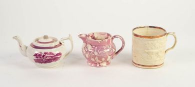 THREE PIECES OF NINETEENTH CENTURY SUNDERLAND LUSTRE POTTERY, comprising: MINIATURE TEAPOT AND