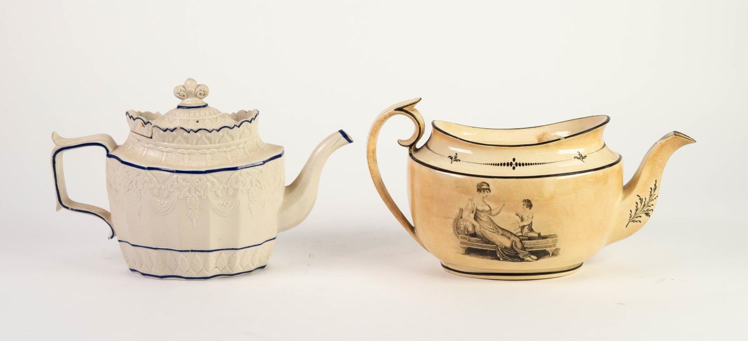 EARLY NINETEENTH CENTURY CASTLEFORD MOULDED PORCELAIN TEAPOT AND COVER, outlined in blue, together - Image 2 of 2