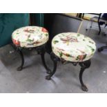 PAIR OF VICTORIAN/ EDWARDIAN BLACK PAINTED CAST IRON CIRCULAR BAR STOOLS, with later cowboy themed