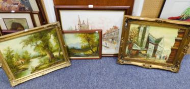 FREDRIC, OIL PAINTING, CATHEDRAL AND FIGURES AND THREE OTHER OIL PAINTINGS (4)