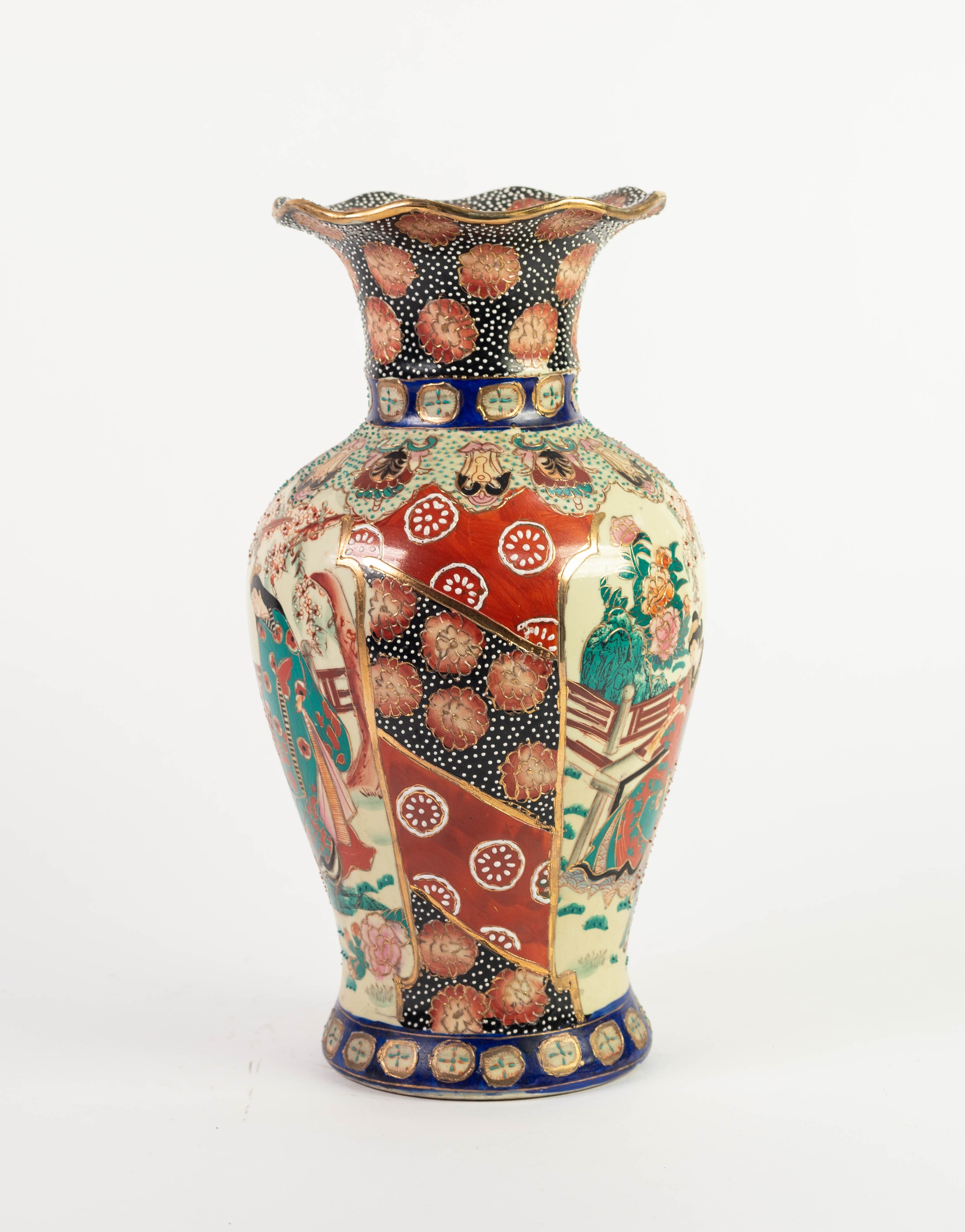 MODERN JAPANESE PORCELAIN VASE, of ovoid form with waisted neck and wavy rim, painted in colours and - Image 2 of 5