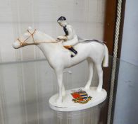 ARCADIAN CRESTED CHINA MODEL OF A RACEHORSE WITH JOCKEY UP, WITH ?NEWMARKET? CREST