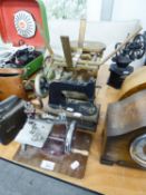 TWO SMALL TABLE TOP MANUAL SEWING MACHINES AND WT AVERY SCALES (3)