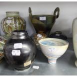 SIX PIECES OF DENIS TAMS STUDIO POTTERY, comprising: TWO HANDLED VASE, 10? high, THREE FURTHER VASES