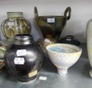 SIX PIECES OF DENIS TAMS STUDIO POTTERY, comprising: TWO HANDLED VASE, 10? high, THREE FURTHER VASES