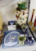 SIX PIECES OF WEDGWOOD JASPERWARE POTTERY, comprising: GRADUATED PAIR OF GREEN VASE, BLUE VASE AND