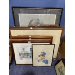 IAN SPOONER WATERCOLOUR DRAWING Street scene with book shops Signed 11 ½? x 16 ½? AND SIXTEEN FRAMED