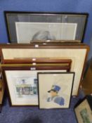 IAN SPOONER WATERCOLOUR DRAWING Street scene with book shops Signed 11 ½? x 16 ½? AND SIXTEEN FRAMED