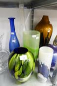FIVE MODERN GLASS VASES, including a PARLANE EXAMPLE, 19 ½? high, SELKIRK SLEEVE VASE IN MOTTLED