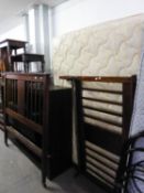 AN EDWARDIAN INLAID MAHOGANY SLAT BACK DOUBLE BEDSTEAD WITH MATTRESS