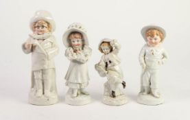 FOUR NINETEENTH CENTURY GERMAN PORCELAIN ?SOUVENIR? FIGURES OF CHILDREN, heightened in gilt,