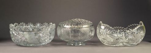 THREE GOOD QUALITY PIECES OF MODERN CUT GLASS, comprising; PEDESTAL ROSE BOWL WITH GRILLE, 5 ½? (
