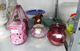 SIX SMALL PIECES OF COLOURED GLASS, comprising: PINK SPECKLED BAG, CAITHNESS ROSE BOWL WITH