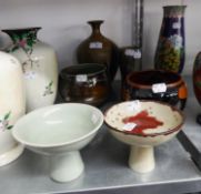 SIX PIECES OF MODERN STUDIO POTTERY, comprising; NEAR PAIR OF ANDREW CROUCH STUDIO POTTERY VASES, in