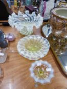 LATE VICTORIAN VASELINE GLASS TAZZA, PAIR OF SIMILAR SHALLOW DISHES/SANDS AND A SMALL GLASS PEDESTAL