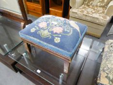 OAK OBLONG FOOTSTOOL, UPHOLSTERED AND COVERED IN PICTORIAL NEEDLEWORK TAPESTRY